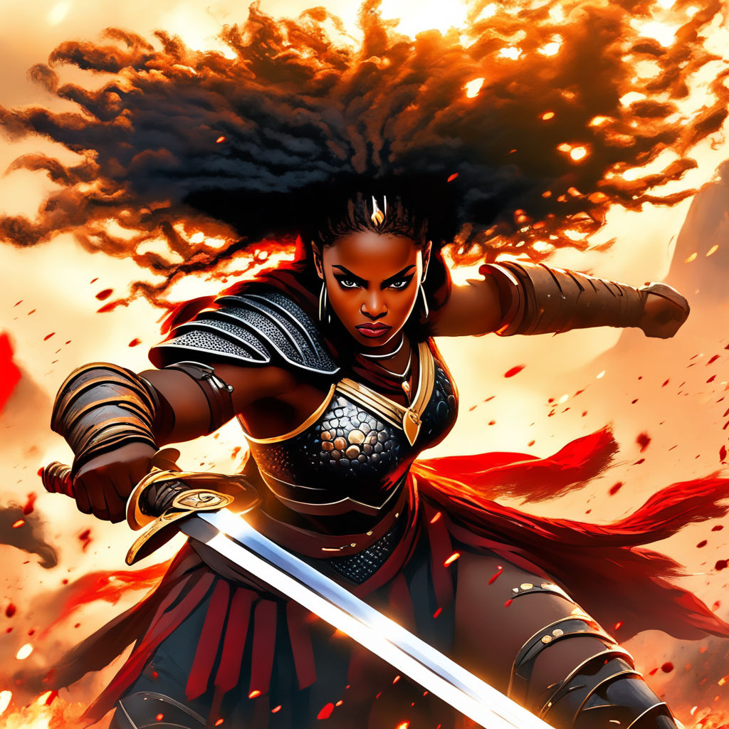 black african woman spartan attacking rage anger afro dreadlocks berserk  profile character sword shield achillies cloak robe dress champloo samurai  snarl angry mean - Playground