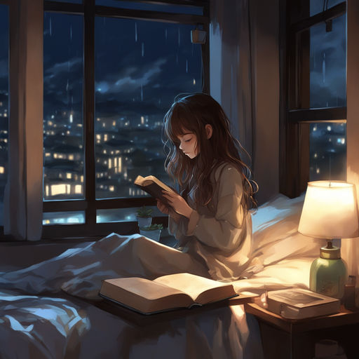 anime girl reading a book in bed