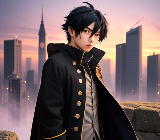 Create An Anime Boy With Black Hair And Red Eyes In A Dark Jacket On A  Background Of In The City Of Tokio