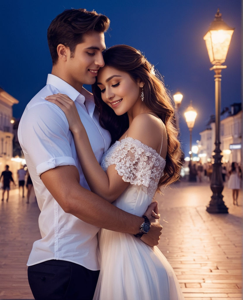 Couple in romantic pose outdoors stock photo (143147) - YouWorkForThem