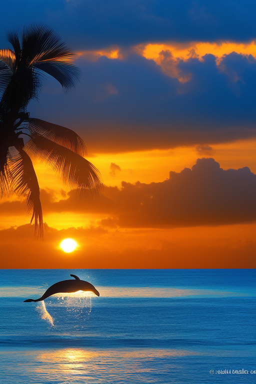 ocean sunset with dolphins and palm trees