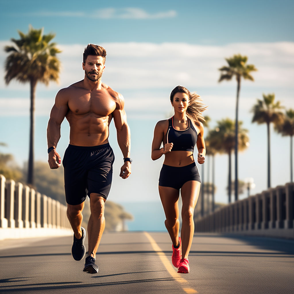 Cute and fit young teen Caucasian girl working out on outdoor track  glistens with sweat in blue sports bra Stock Photo