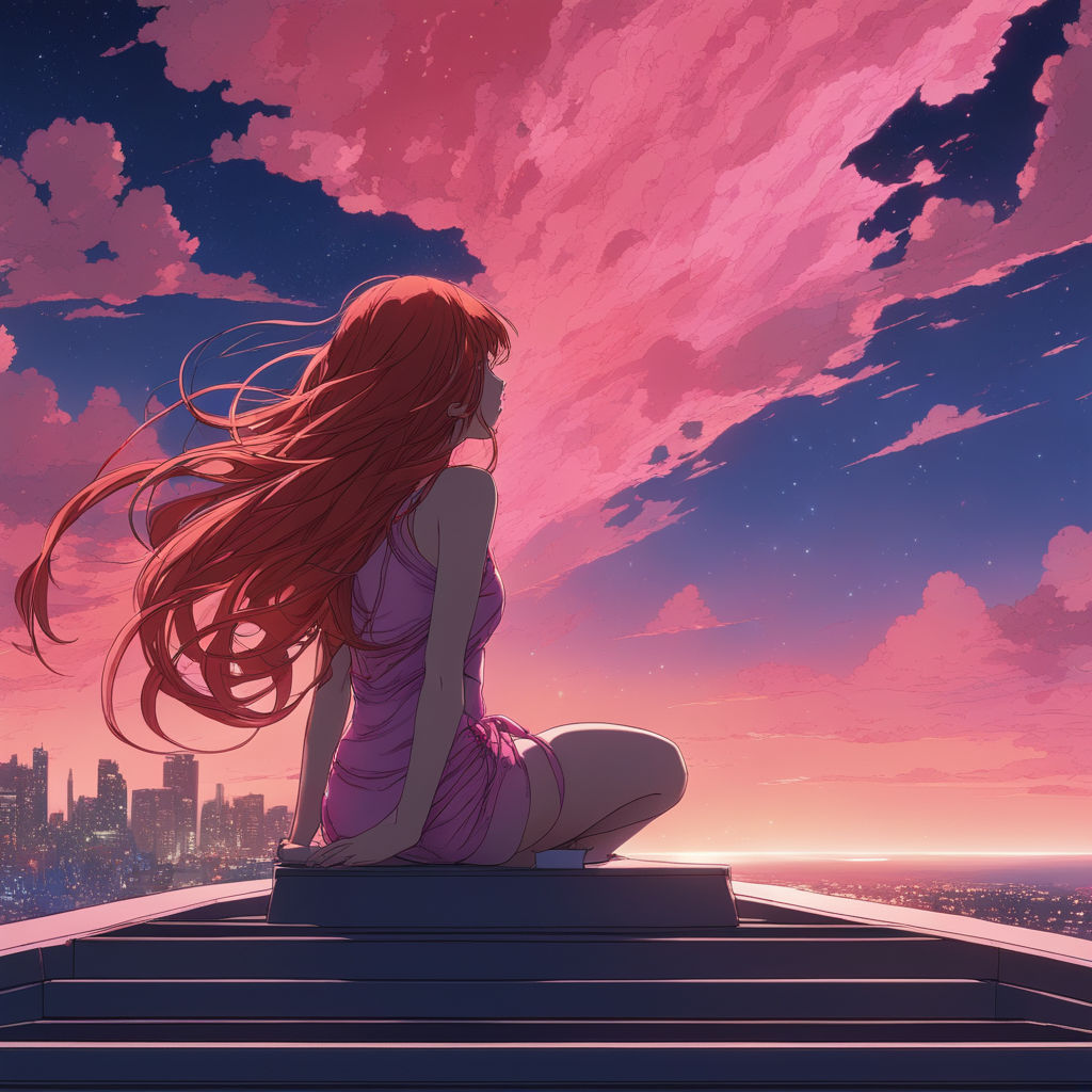 Red Hair Anime Girl sitting on skys - OpenDream