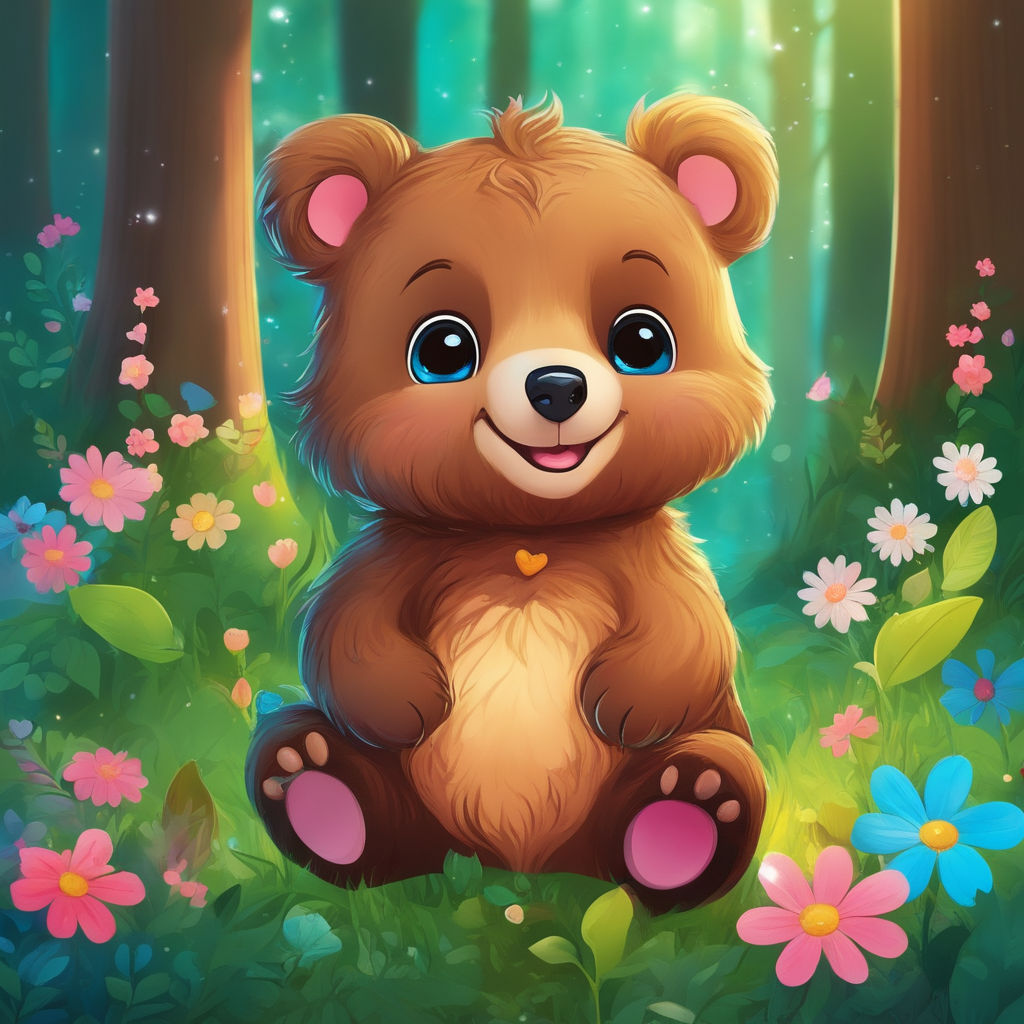 Cute Brown Bear Artwork with Straw Hat Meadow Art