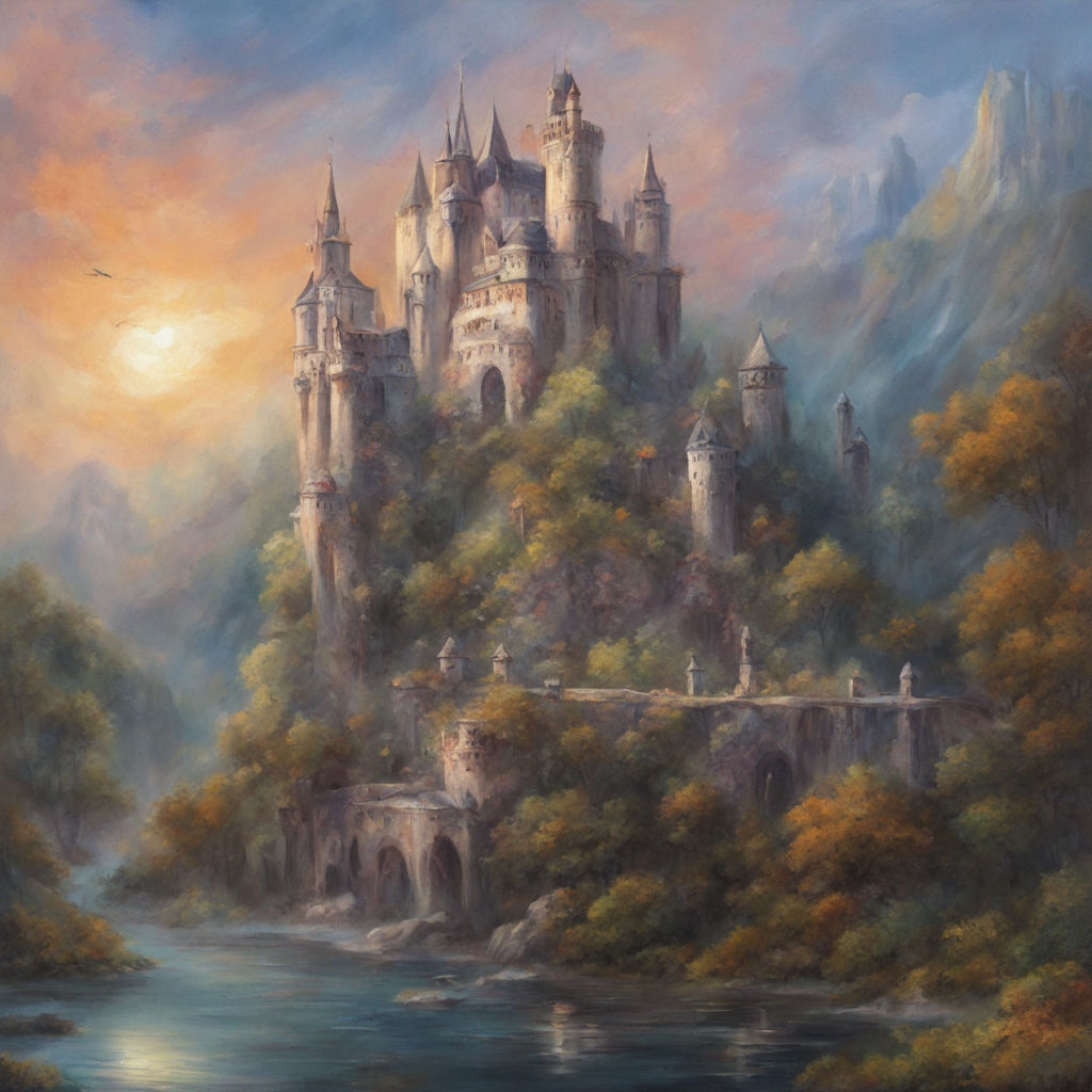 Illustrazione Stock Medieval fantasy castle illustration. Watercolor  painting of imaginary fantastic old castle. Old town of the king. Fortress  with stone walls. Magic city filled with adventure and magician. Concept art