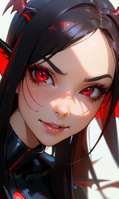 evil anime girl with black hair and red eyes