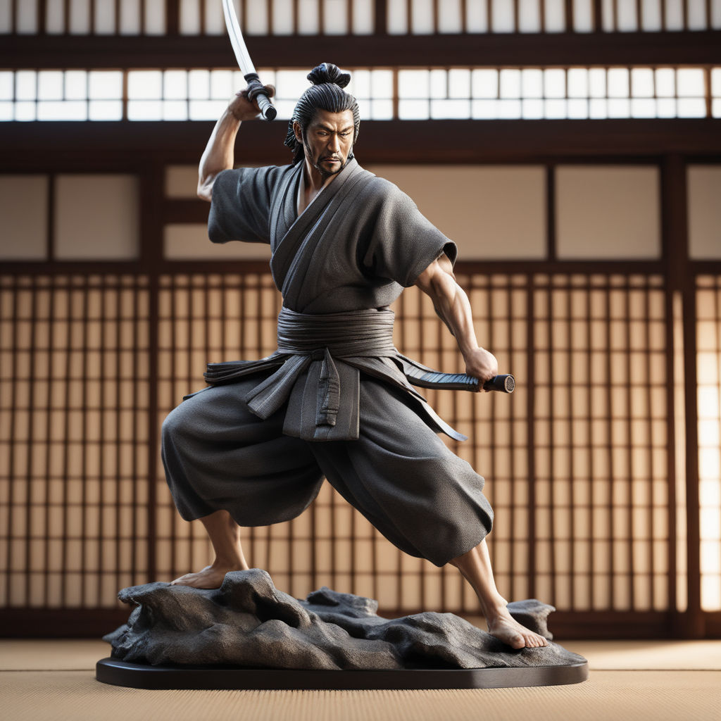 Professional realistic 3d render. 8k , hd, greyscale girl samurai action  figure with dynamic samurai pose, katana, very beautifal, hyperrealistic  photo on Craiyon