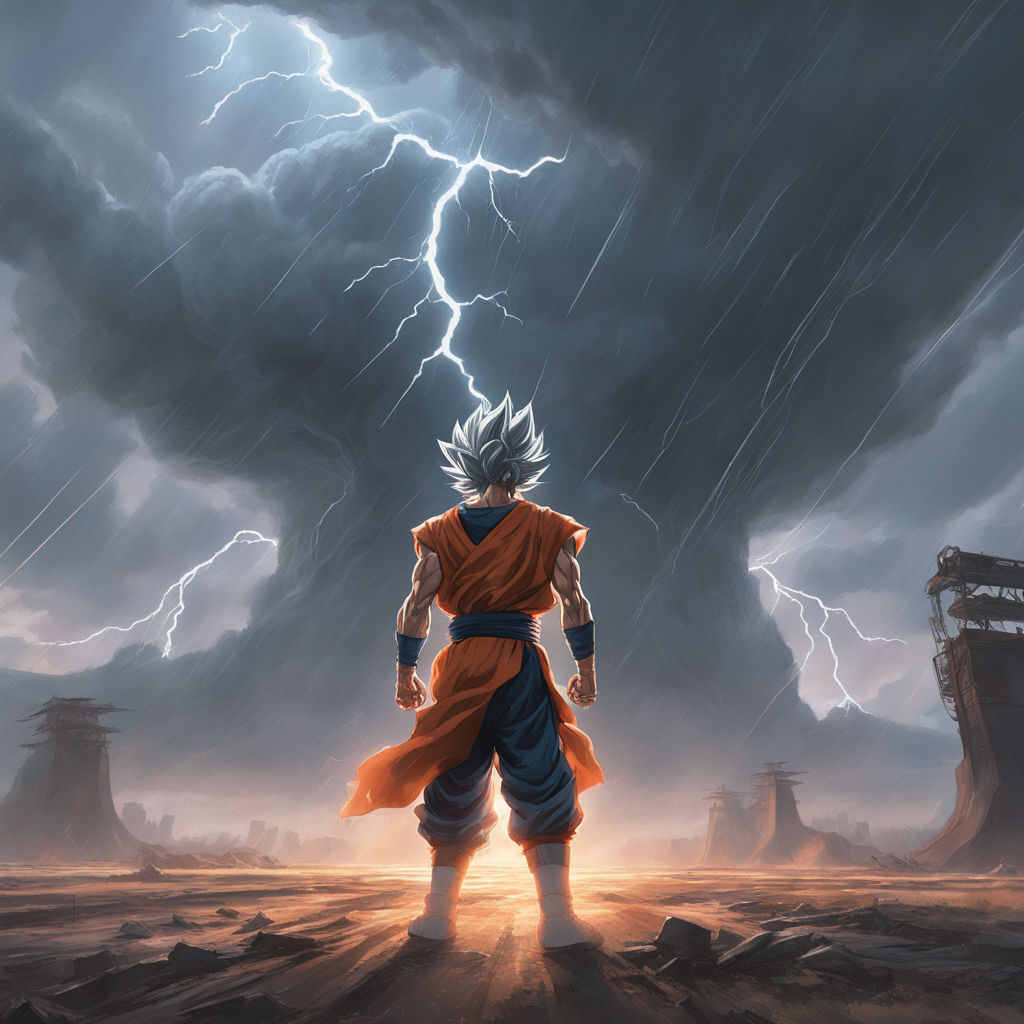 KREA - ''goku super saiyan 5, epic poster, storm in the background, rain,  cinematic shot, digital art, concept art, artstation, cinematographic, 4 k