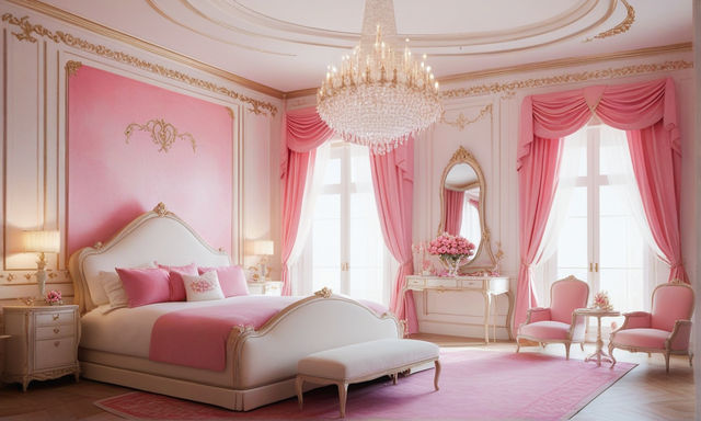 Premium Photo  A pink room with a chandelier and a bed with a pink curtain.