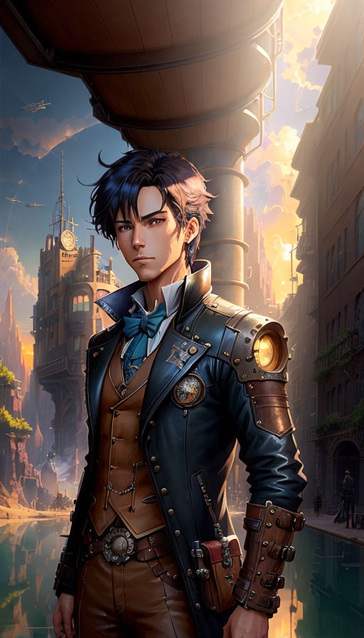 short haired very masculine half elf male steampunk artificer - Playground