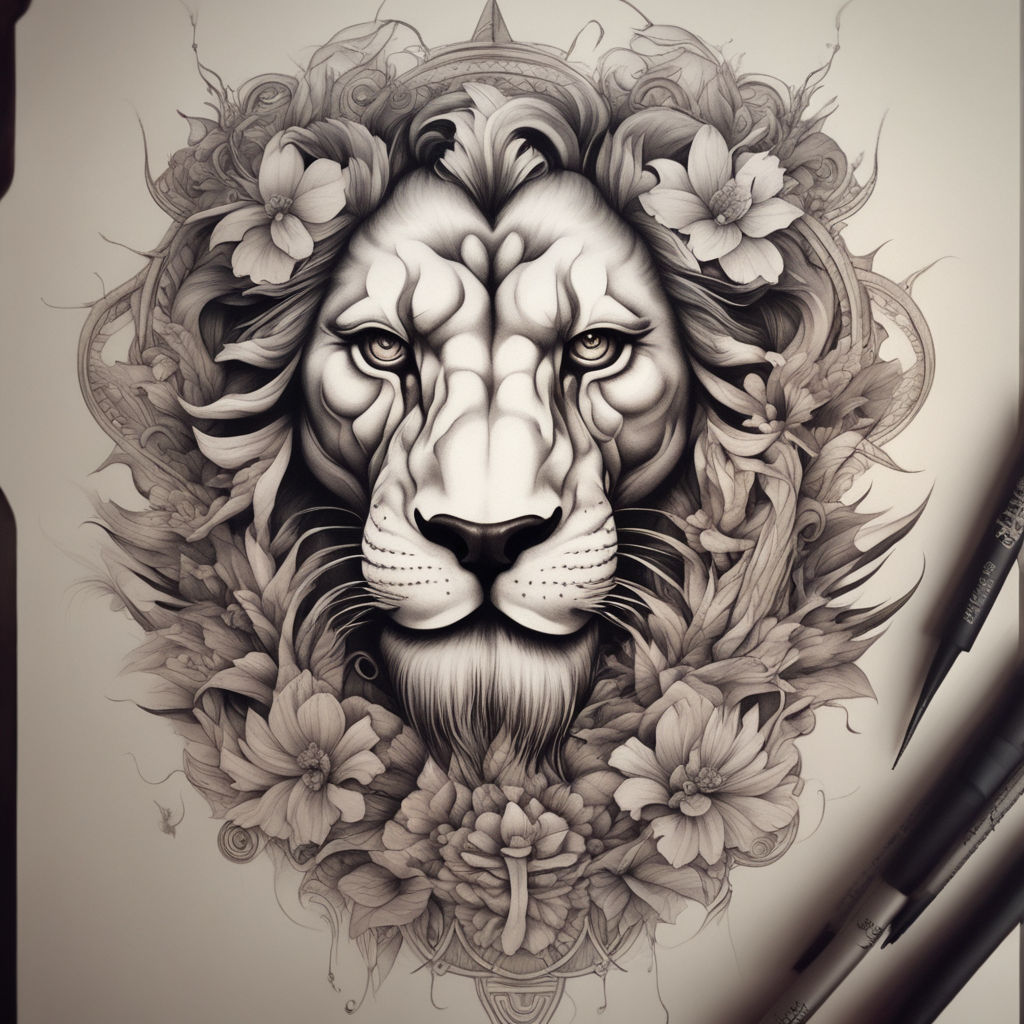 Beautiful Lion Shoulder With Colorful Flowers Tattoo Idea