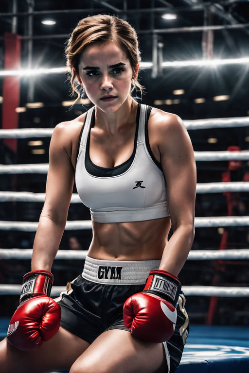 Woman wearing white and red sports bra and black boxing gloves