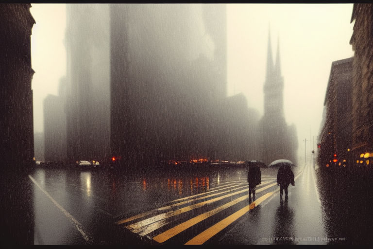 Prompt: rainy day, buildings, grey sky, people going to work, light,  cloudy, raining, city, big raindrops, , sf, intricate artwork masterpiece, ominous, matte painting movie poster, golden ratio, trending on cgsociety, intricate, epic, trending on artstation, by artgerm, h. r. giger and beksinski, highly detailed, vibrant, production cinematic character render, ultra high quality model