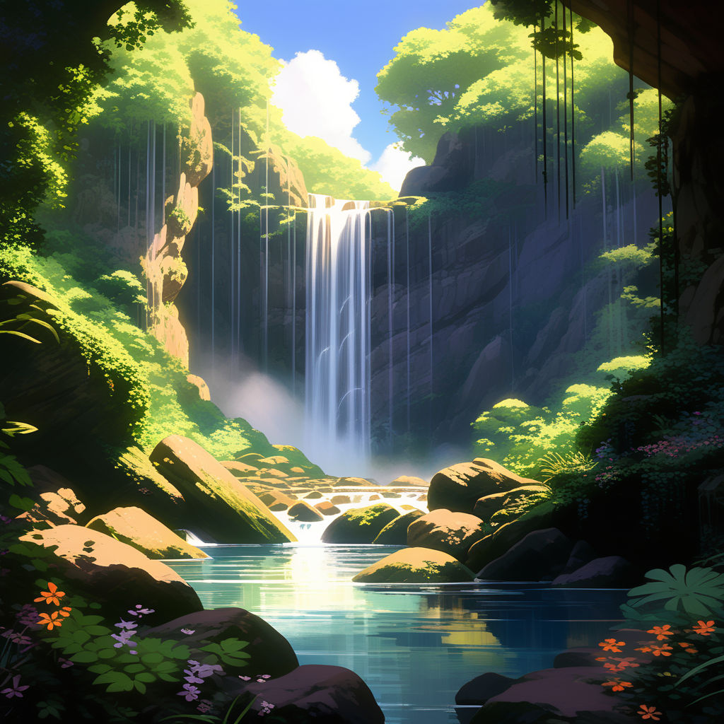 ArtStation - ANIME SCENE AT THE WATERFALL WITH PLANTS