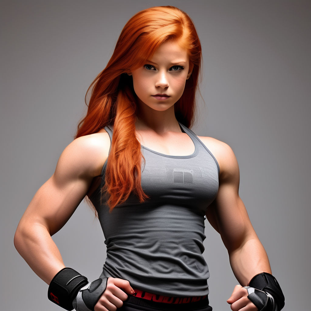 face red hair woman with big muscle arm lifting a heavy rock - Playground