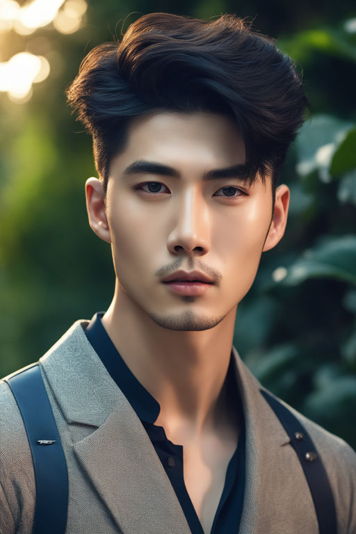 Portrait Of A Young Handsome Asian Man With Blue Eyes And Dark