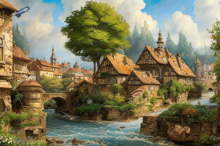 splash art of a detailed fantasy medieval german village close to a dark  forest" - Playground AI