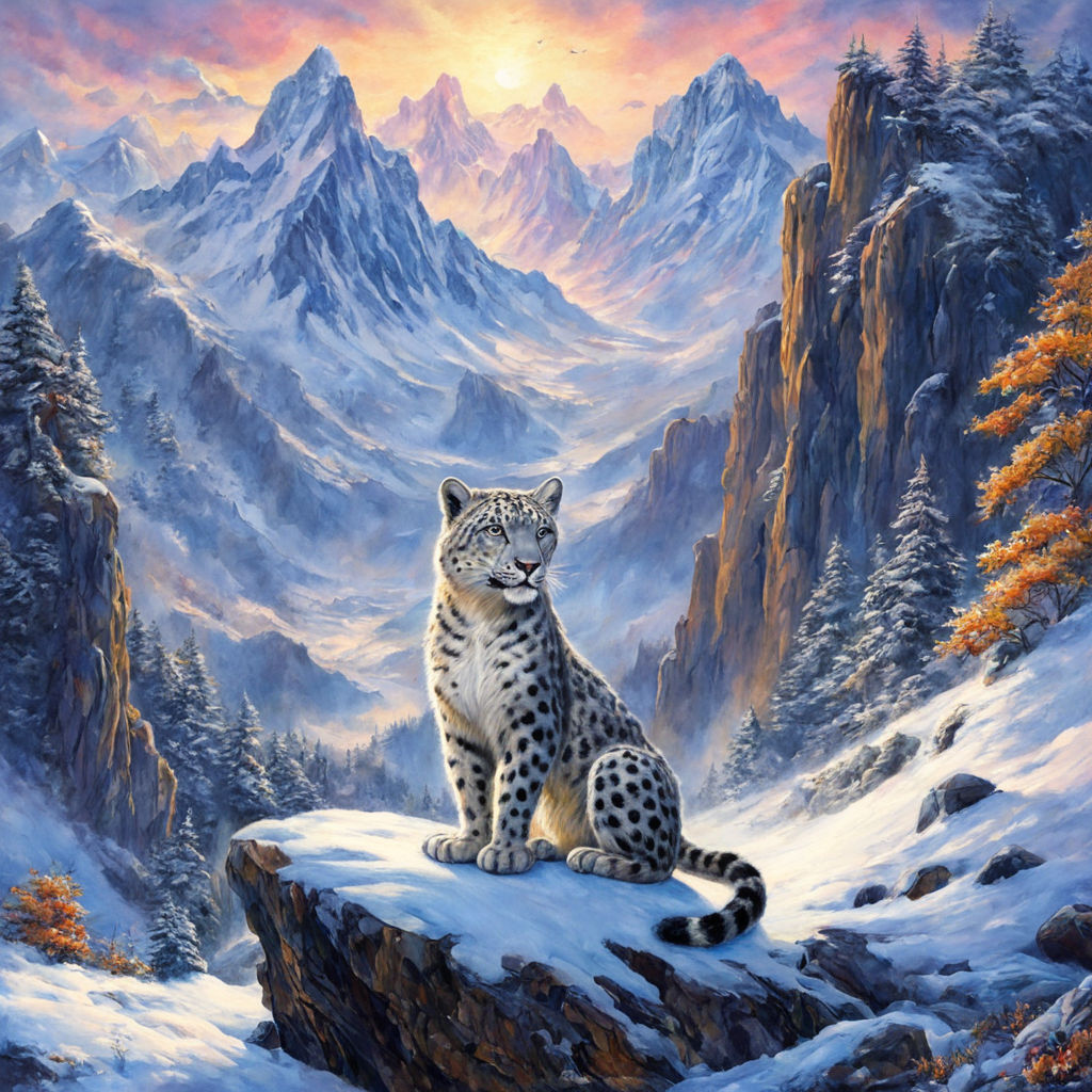 A snow leopard prowling along a craggy ridge, its grey coat blending into  the rocky terrain