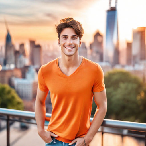 indian male model looking realistically human wearing orange crew neck  plain tshirt