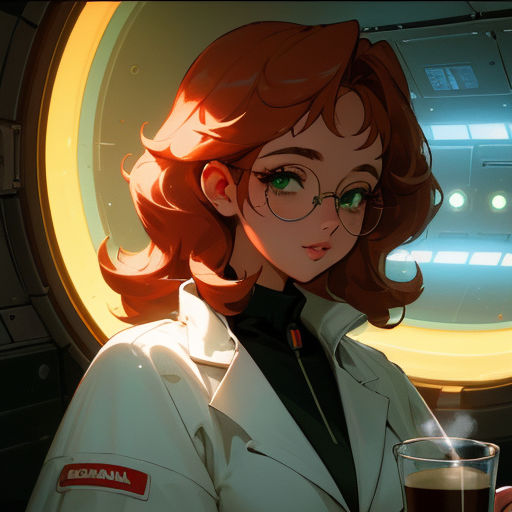 Dopamine Girl - Female scientist,tattered lab coat, black slacks, golden  glowing halo, ID tag, gun, serious face, combat, blood X1xRA98qbnd