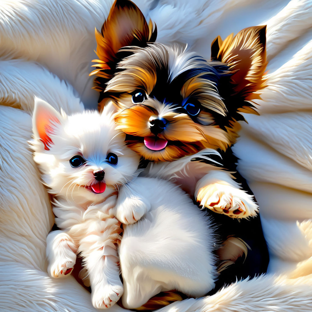 Prompt: A cheerful kind Yorkshire Terrier puppy and a cute little white kitten