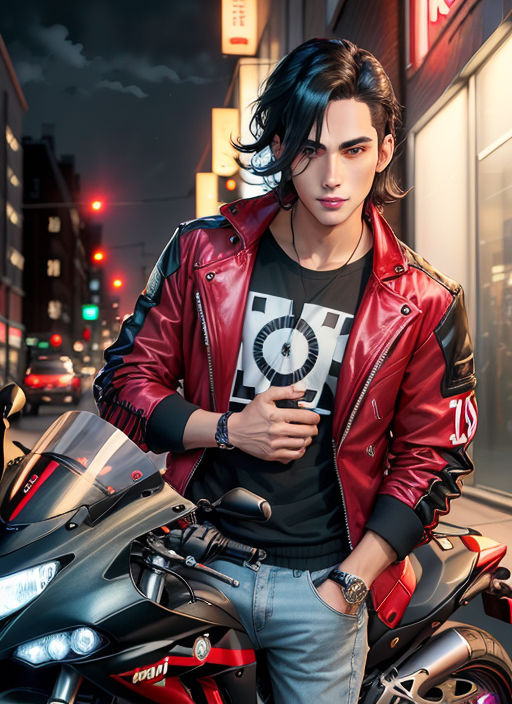 A hot beautiful anime woman on a sea side road riding a sports bike wearing  leather jacket with an open zipper showing cleavage