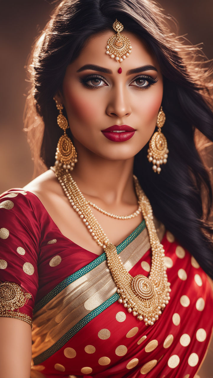 Image of A Beautiful Girl Makeup Indian Bridal Costume With Red Saree .-QC424874-Picxy