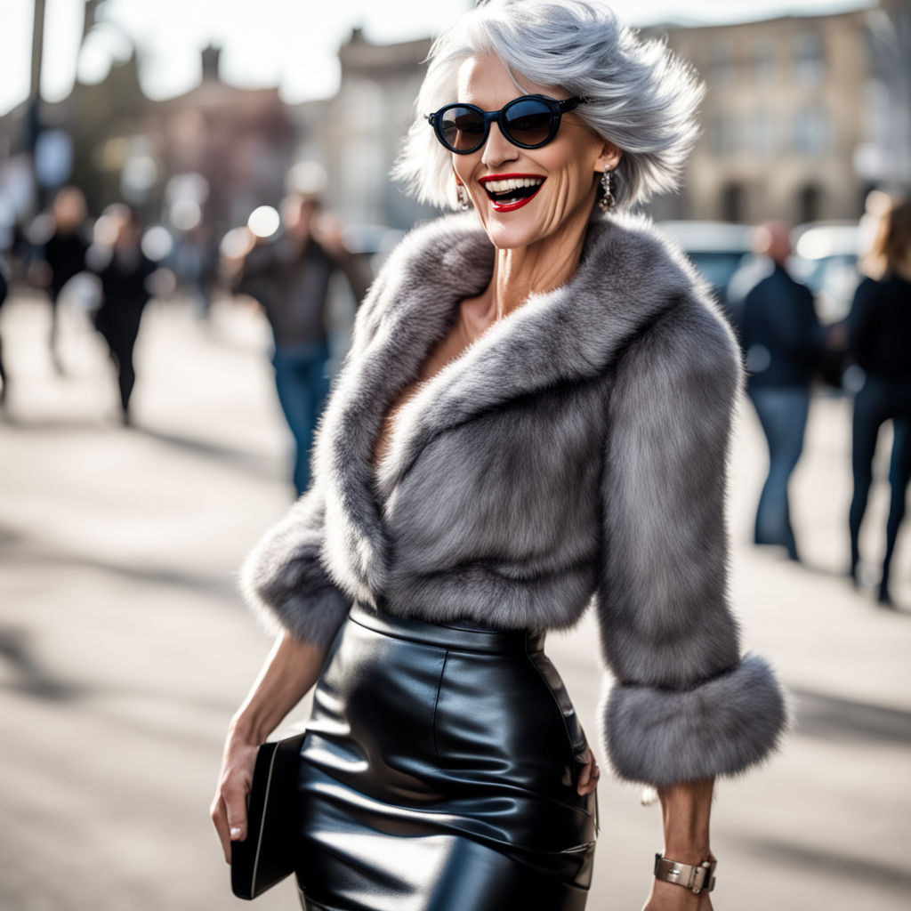 sexy 50 year old blonde woman walking down runway in sleeveless