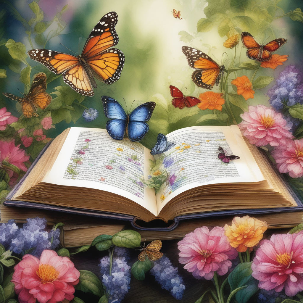 Open magic book with growing lights, magic powder, butterflies