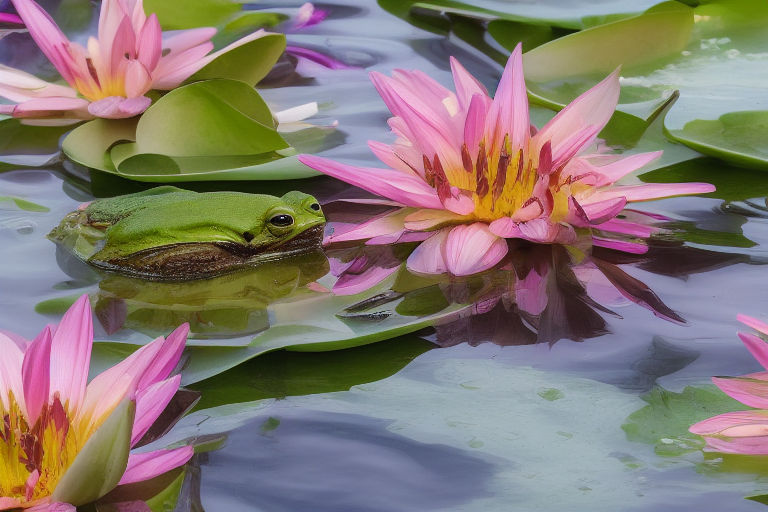 a frog fishing on a lily flower boat in a rgb lake nebula - Playground