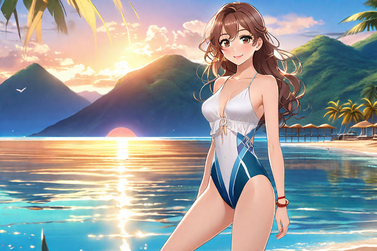 A full body photo of an anime girl, short hair, brown hair, wearing a red two  piece swimsuit, looking up camera angle, bright mid-day lighting from top,  dynamic pose