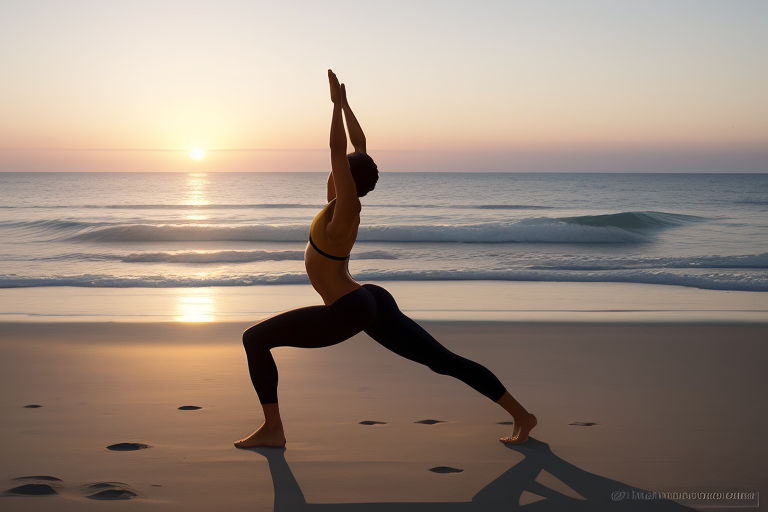 Girl in yoga pose with waves crashing over her legs on beach Stock Photo by  ©paiken 138076622