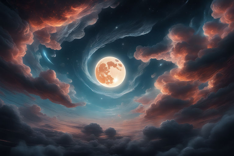 Heavenly Pastel Beige Clouds Turquoise Space Crescent Moon Fantasy