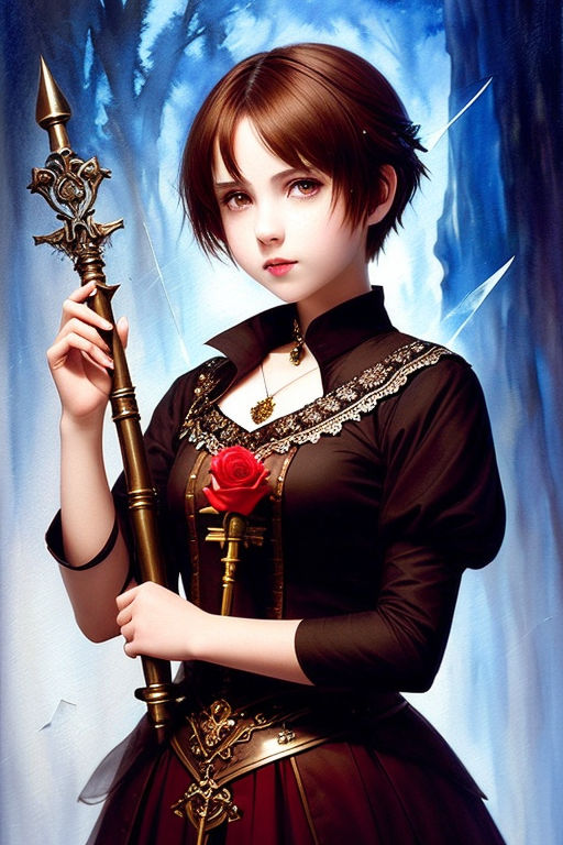 anime girl with short black hair and sword