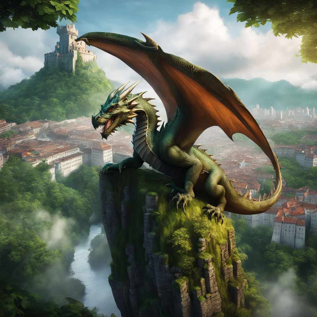 Green Dragon in the cave, the lord of dragons, has good platinum scales,  bright eyes, and is surrounded by dazzling gold and green lights.  generative ai Stock Illustration