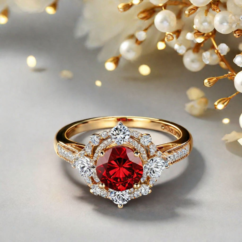 Ruby Three Stone Engagement Ring with Diamond Accents