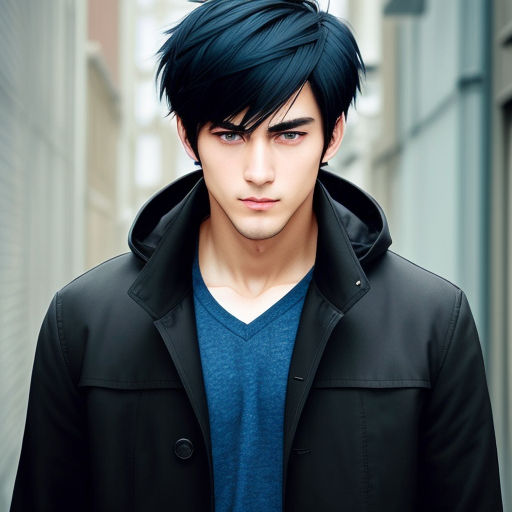 anime boy with black hair and green eyes