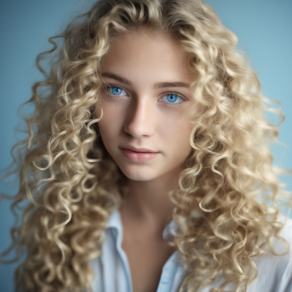 girl with curly blonde hair and blue eyes