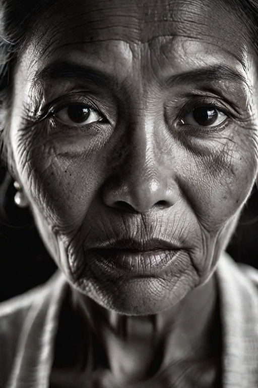 Close-up portrait photography. an asian mature woman with black