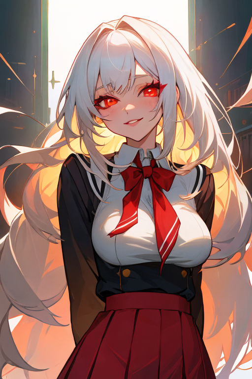 evil anime girl with blonde hair and red eyes