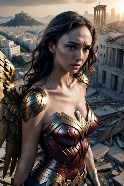 Prompt: Fallen Wonder Woman angel, Gal Gadot, 21 years old, desperate eyes, sad, crying, tears, hiding behind her giant wings, cute, golden wings, large wings, halo over the head, in the ground with destoyed city around, Athens destroyed in background, sunrise, masterpiece, low saturation, Albrecht Durer hands, (prompt created by Kico Toralles, adapted from Toni C. prompt)