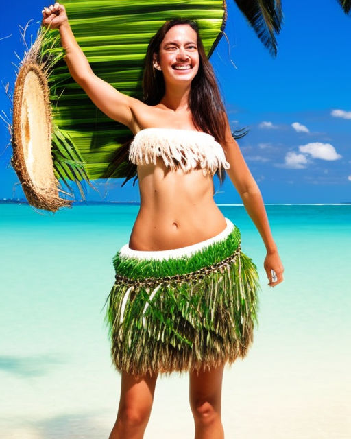 grass skirts and she is wearing a grass skirt and bikini top