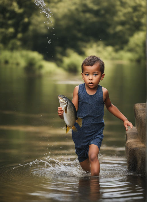 boy 6-7 years old fishing with a fishing rod on the lake Stock Photo by  aliliya