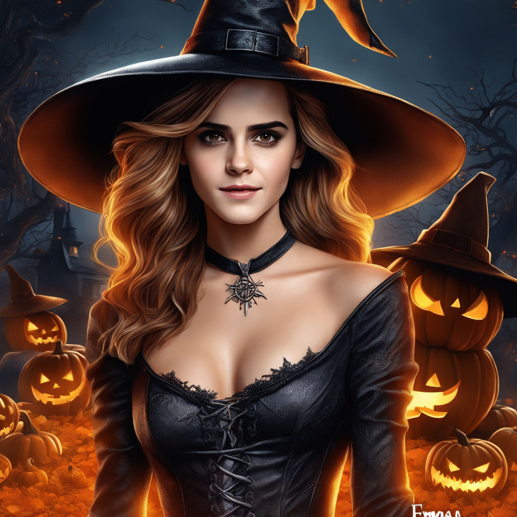 Prompt: Emma watson as sexy witch in halloween town, ultra hd, realistic, vivid colors, highly detailed, UHD drawing, pen and ink, perfect composition, beautiful detailed intricate insanely detailed octane render trending on artstation, 8k artistic photography, photorealistic concept art, soft natural volumetric cinematic perfect light