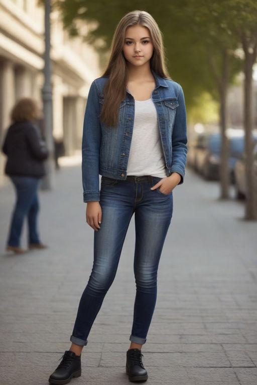 Full length portrait of cute little teen girl in stylish jeans