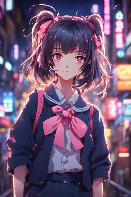 Anime Girl HD Black Hair High Details Style Neon Red Light 2d Dark ·  Creative Fabrica