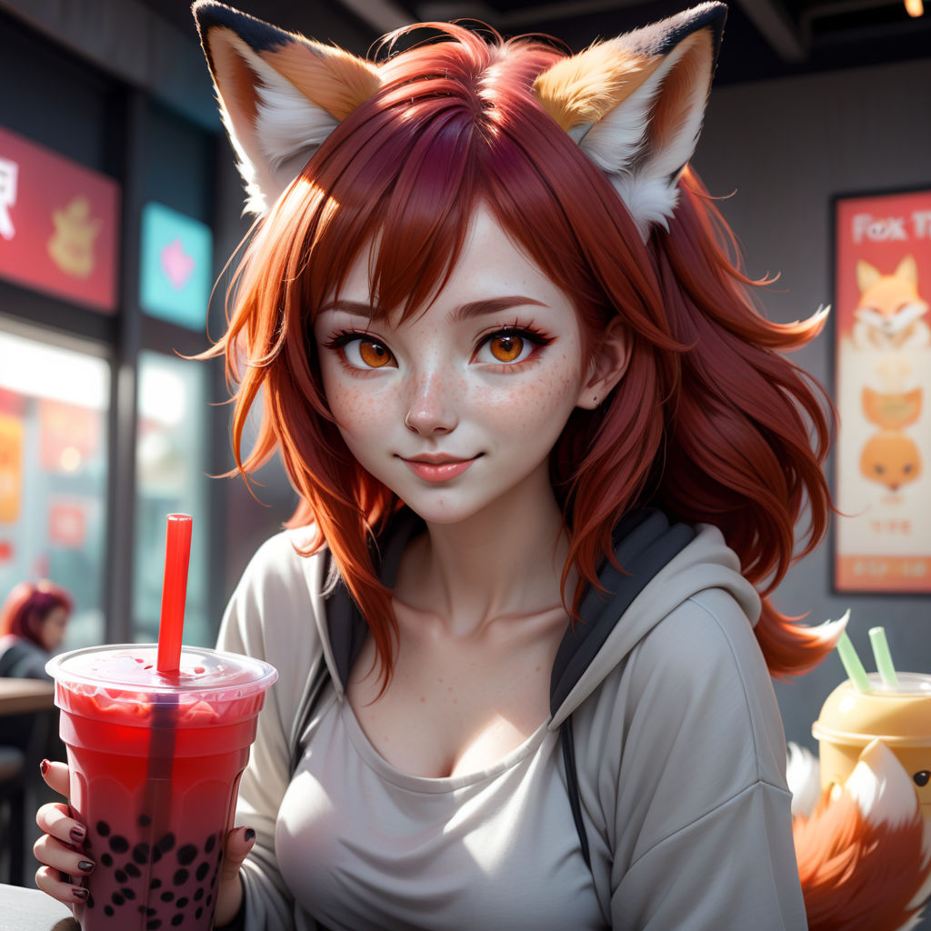 Kawaii anime girl with long wavy pink hair holding boba tea