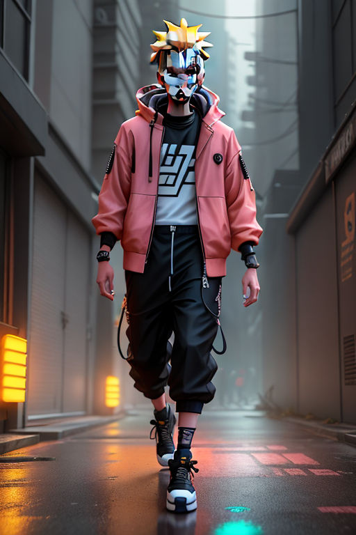 AI Art Generator Cyberpunk techwear streetwear look and clothes we can  see them from feet to head highly detailed and intricate golden ratio  beautiful bright colors hypermaximalist futuristic cyberpunk setting  luxury elite