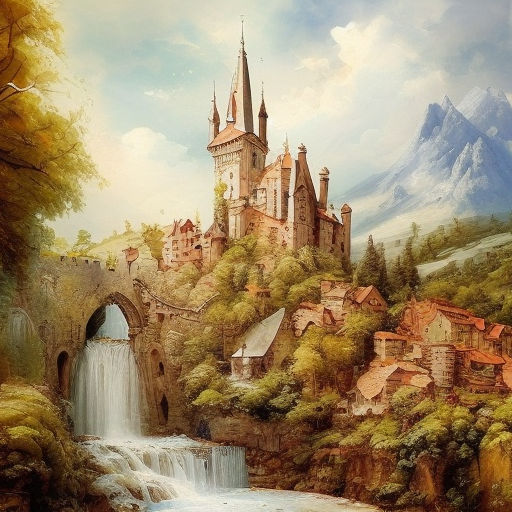 A watercolour painting of a medieval castle on a mountain, castle art 