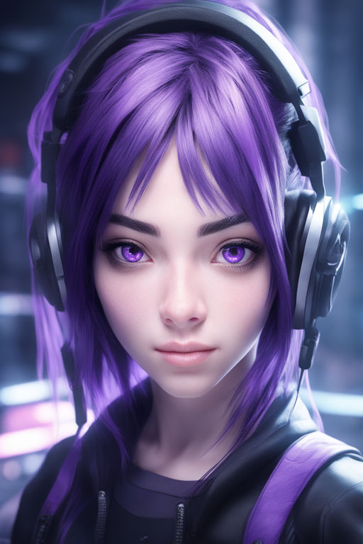 anime girl with headphones and purple hair